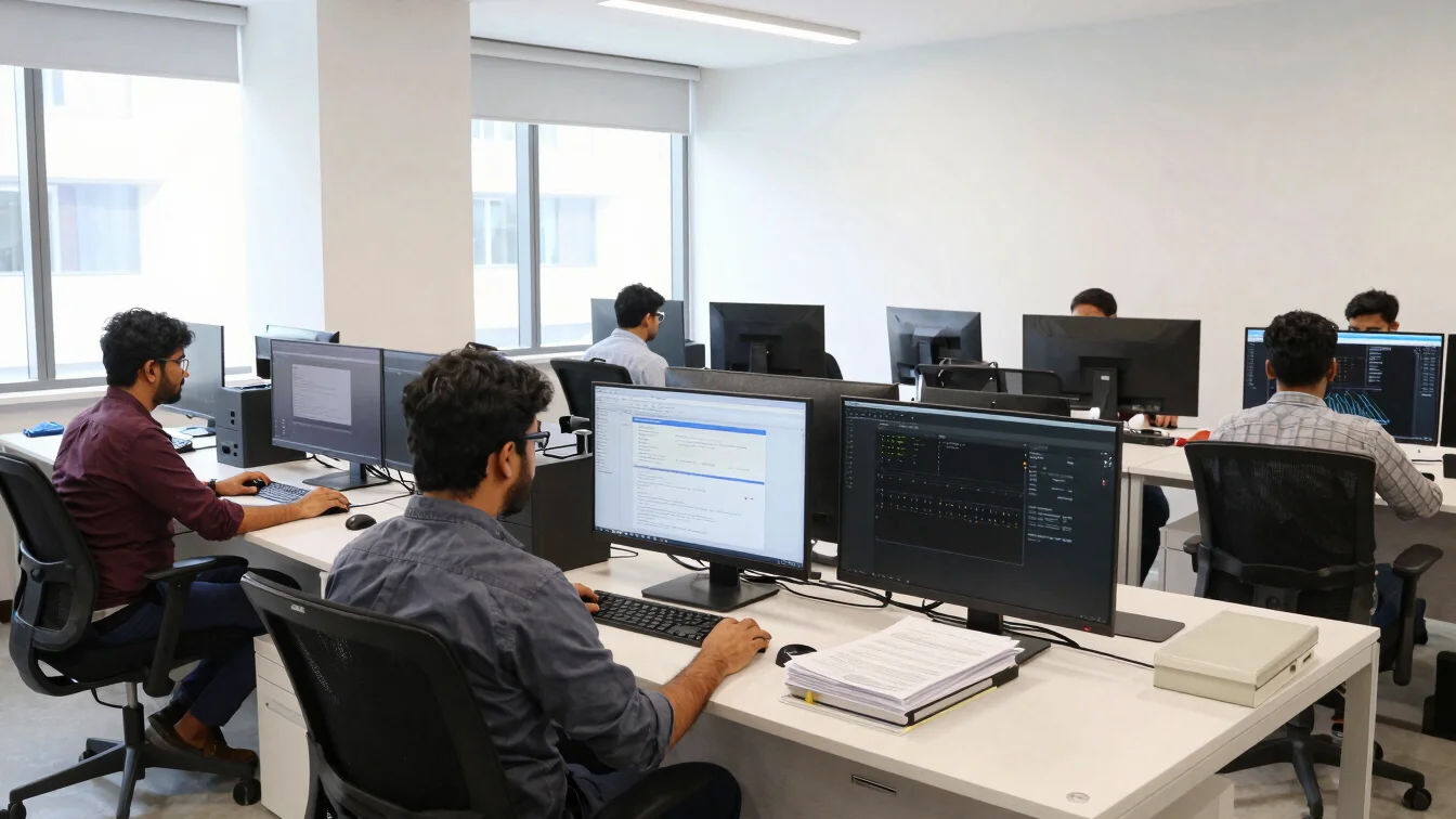 Clean architectural photojournalism view of a software development studio in Karachi with engineers at workstations in c