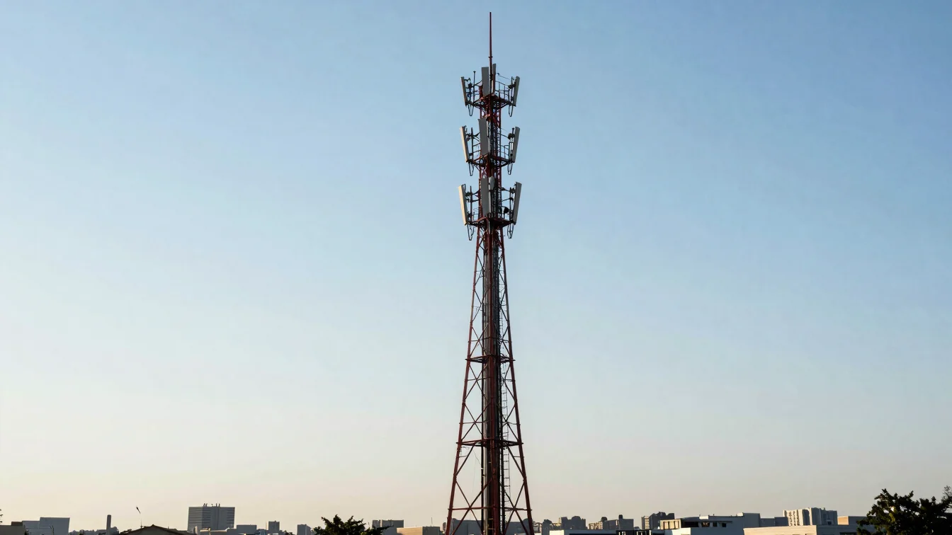 Telecommunication tower silhouetted against a bright clear sky with distant urban skyline during daylight