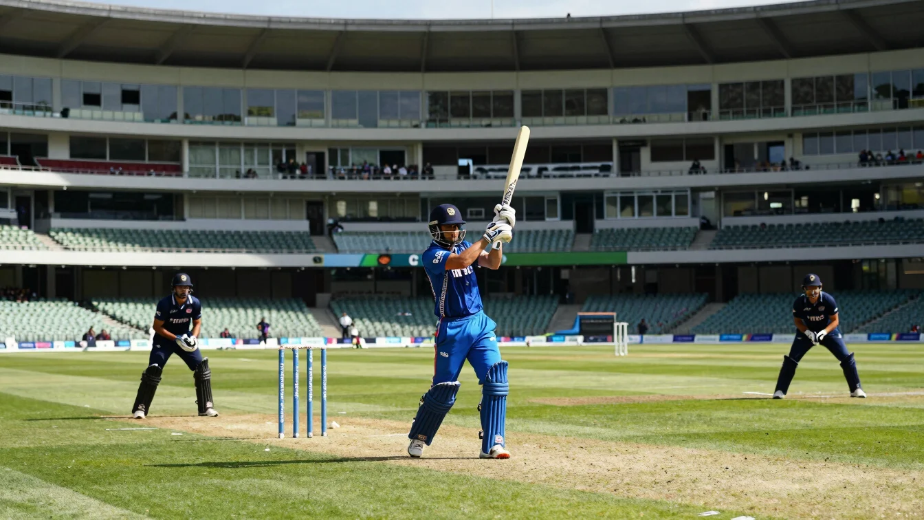 Crisp action photography of a cricket stadium under bright daylight capturing athletes in sharp focal contrast
