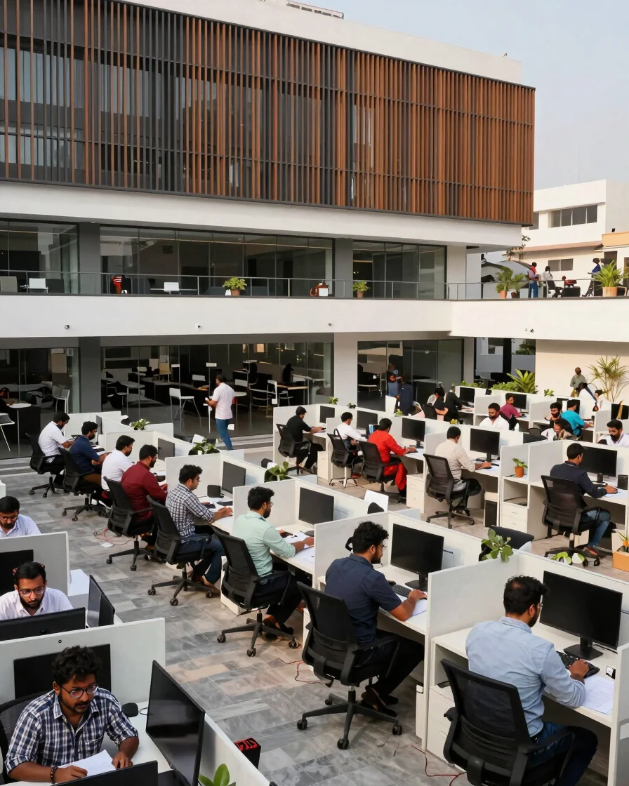 Wide shot of a modern, bustling tech office in Lahore, Pakistan,